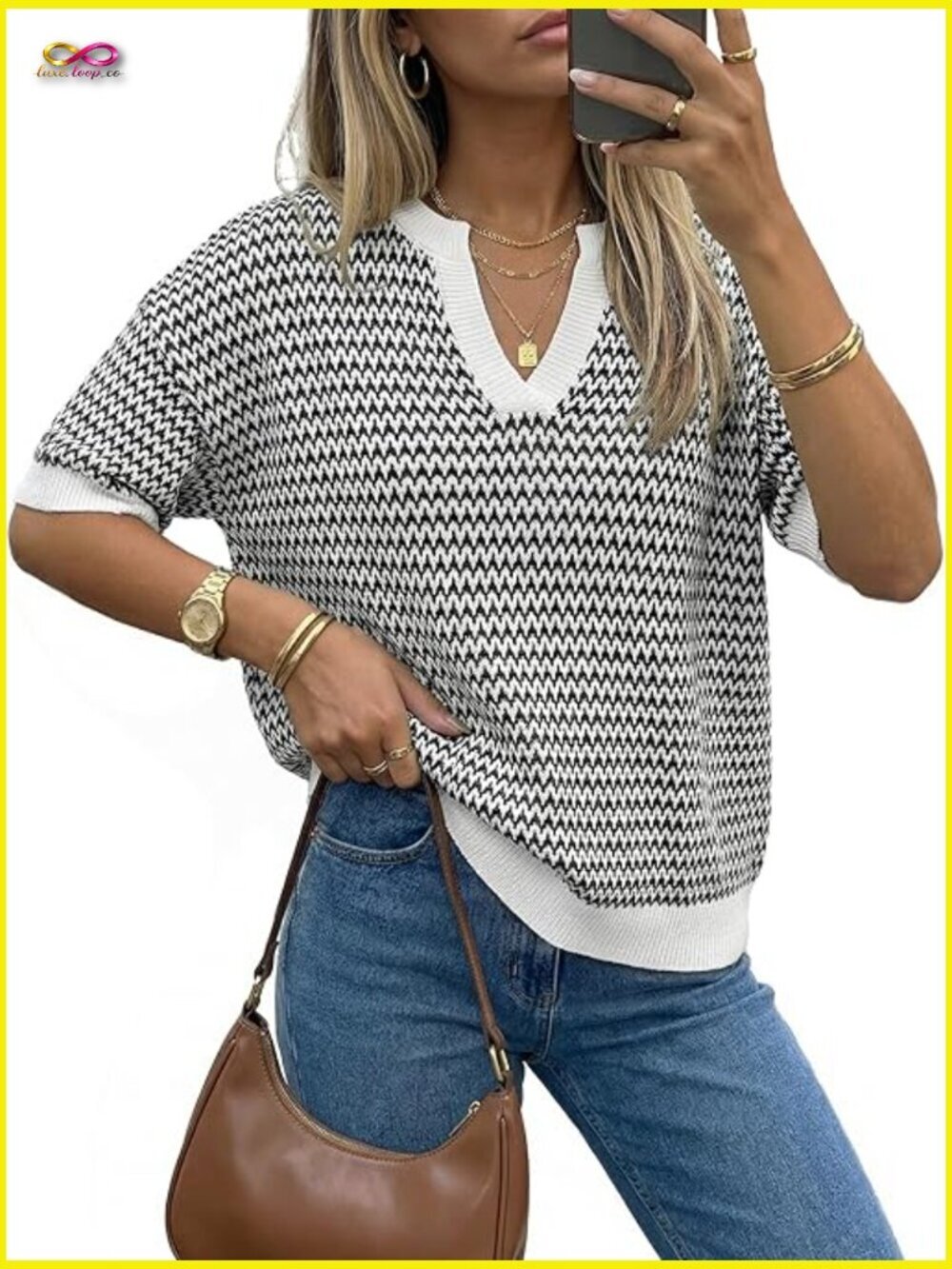 Striped Polo V-Neck Short Sleeve Pullover Sweater 100% Cotton Soft Casual Knit